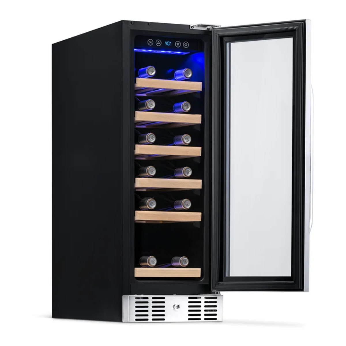 Newair 19 Bottle Built In Wine Fridge – 12" Stainless Steel - Front Left View - Loaded Shelves - Open Door