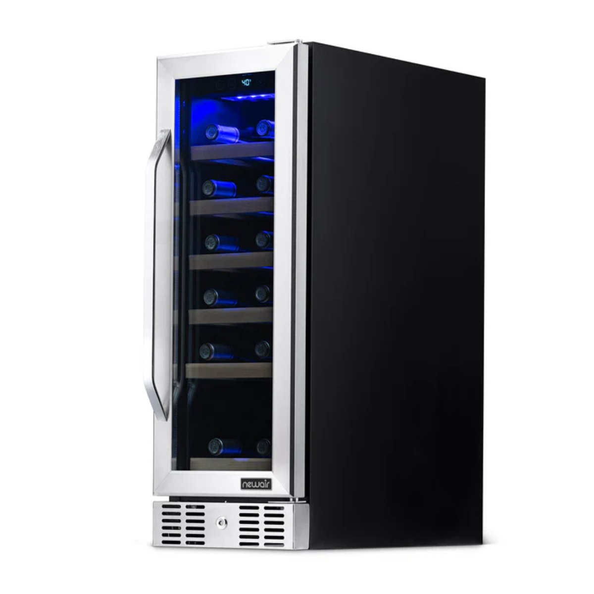 Newair 19 Bottle Built In Wine Fridge – 12" Stainless Steel - Front Right View - Loaded Shelves - Closed Door