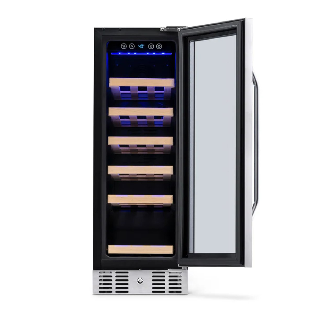 Newair 19 Bottle Built In Wine Fridge – 12" Stainless Steel - Front View - Empty Inside - Open Door