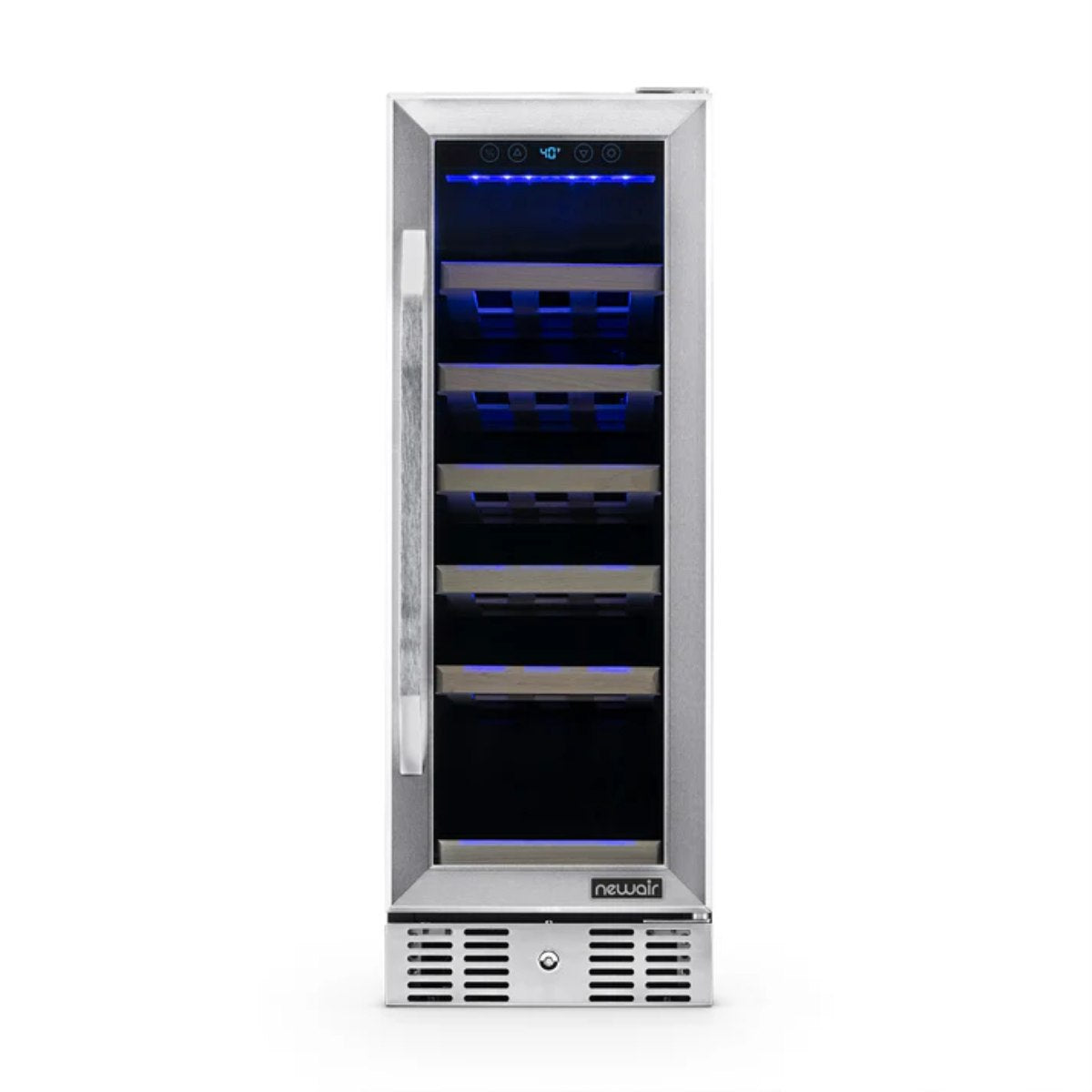 Newair 19 Bottle Built In Wine Fridge – 12" Stainless Steel - Front View - Empty Shelves - Closed Door