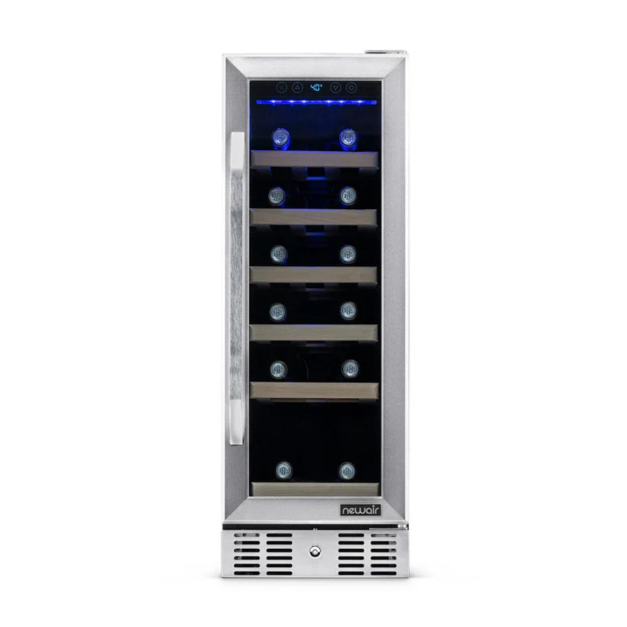 Newair 19 Bottle Built In Wine Fridge – 12" Stainless Steel - Front View - Loaded Shelves - Closed Door