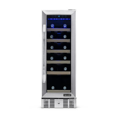 Newair 19 Bottle Built In Wine Fridge – 12" Stainless Steel - Front View - Loaded Shelves - Closed Door