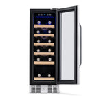 Newair 19 Bottle Built In Wine Fridge – 12" Stainless Steel - Front View - Loaded Shelves - Open Door