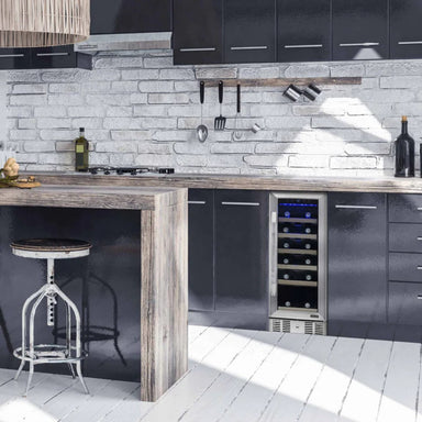 Newair 19 Bottle Built In Wine Fridge – 12" Stainless Steel - built-in wine fridge in rustic modern kitchen
