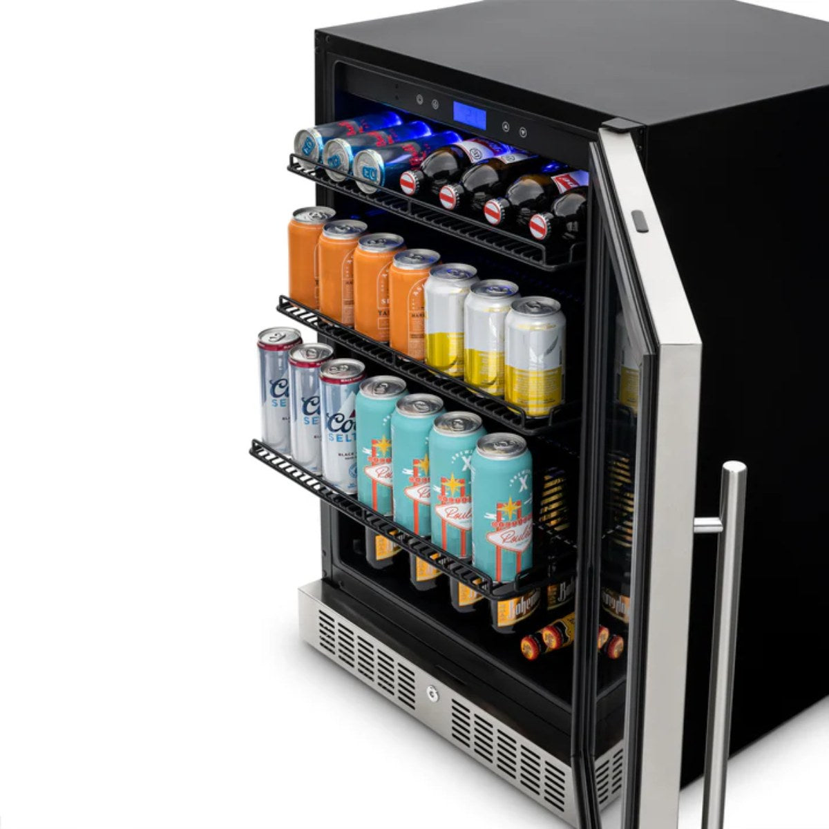 Newair 224-Can Built-In Beverage Fridge – 24" Stainless Steel - Close up view of the removable racks with beverages
