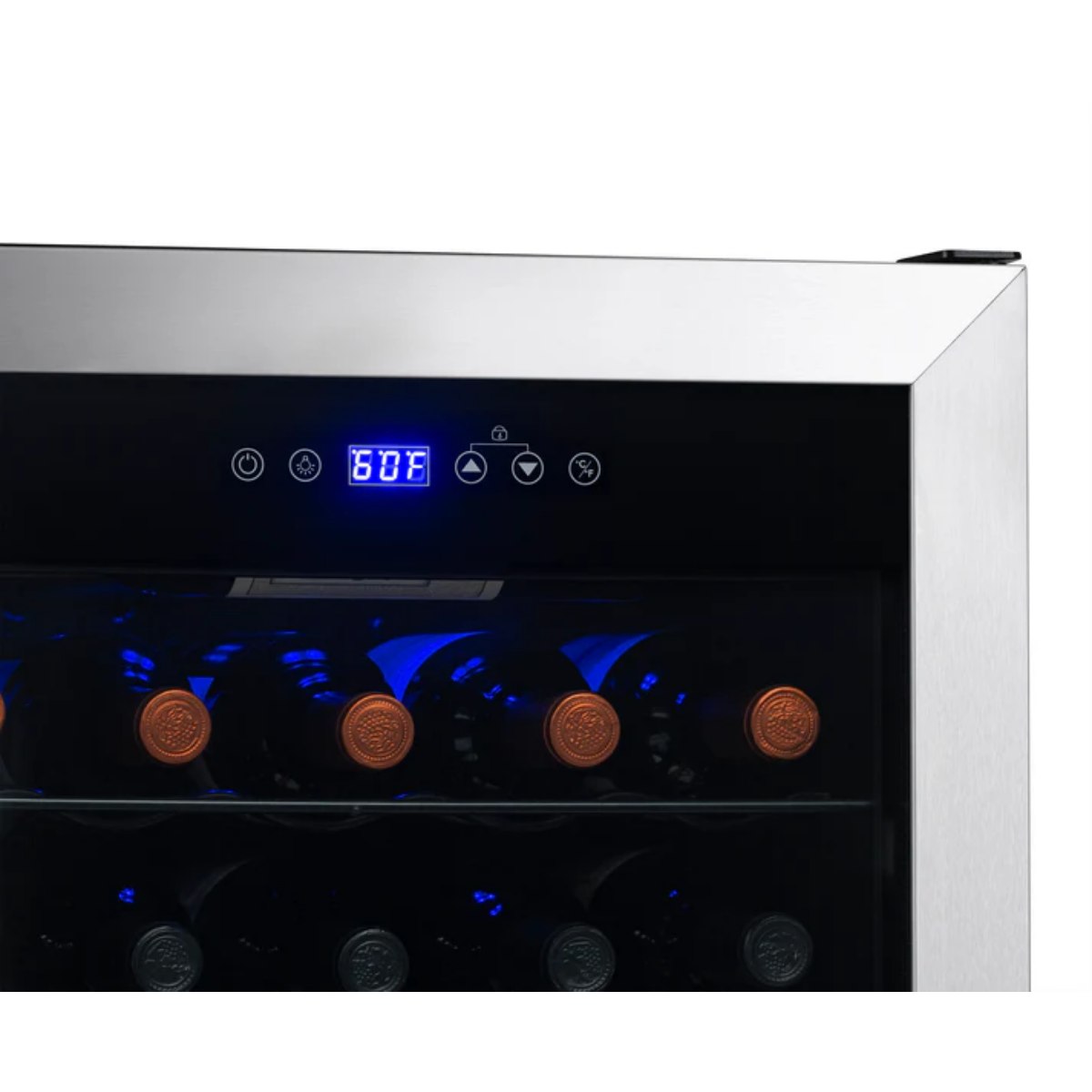 Newair 23 Bottle Freestanding Wine Fridge – 18.9" Stainless Steel - Close up view of the controls
