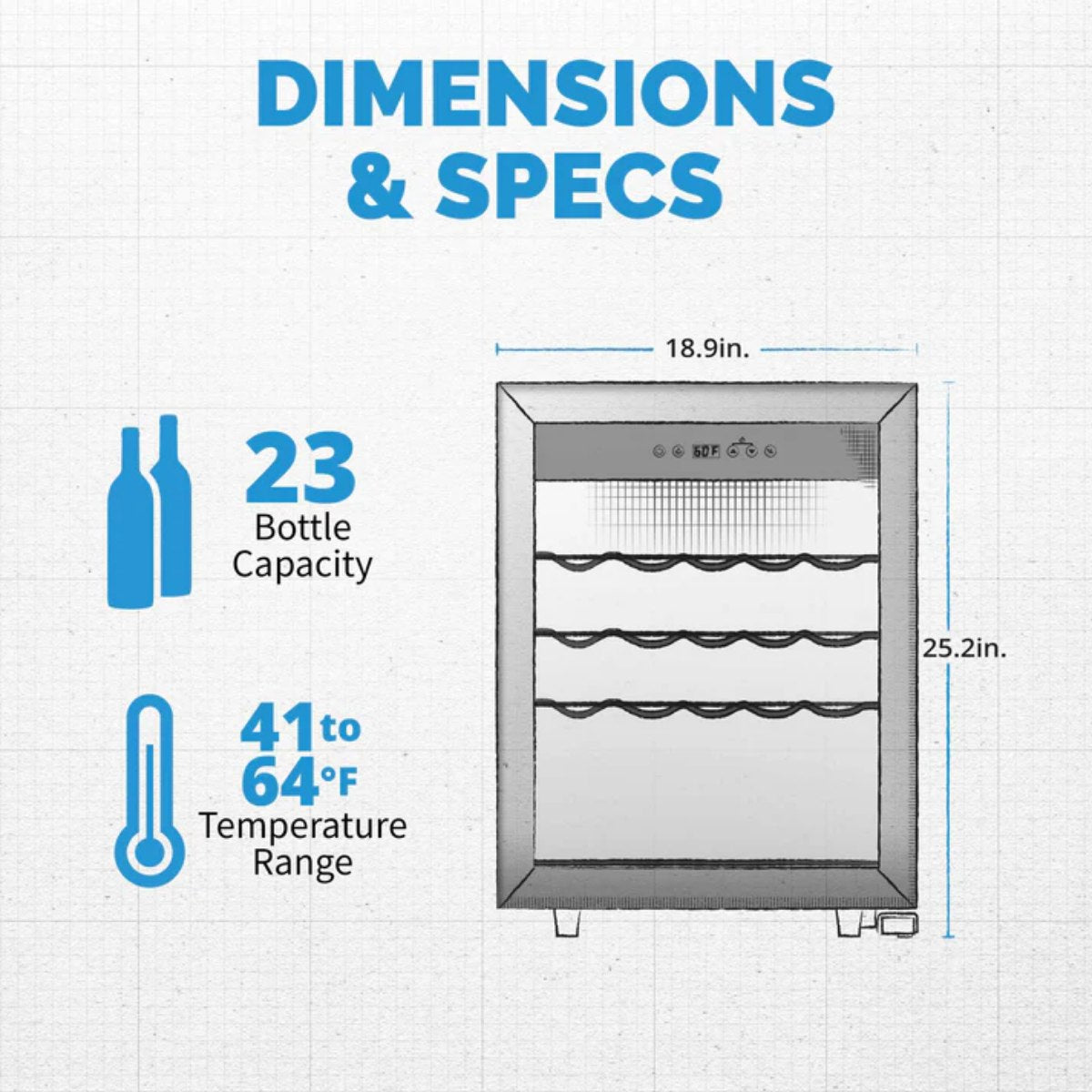 Newair 23 Bottle Freestanding Wine Fridge – 18.9" Stainless Steel - Dimensions and Specifications of the Fridge
