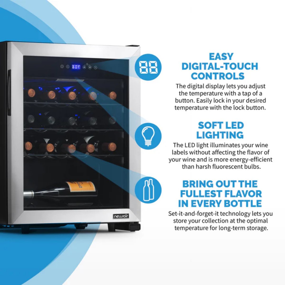 Newair 23 Bottle Freestanding Wine Fridge – 18.9" Stainless Steel - Features of the Fridge Shown