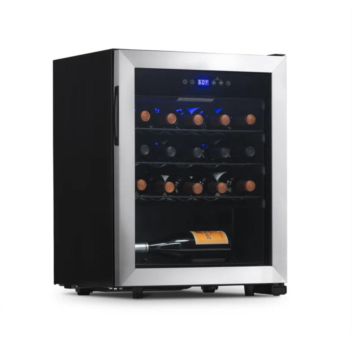 Newair 23 Bottle Freestanding Wine Fridge – 18.9" Stainless Steel - Front Left View - Loaded Shelves - Closed Door