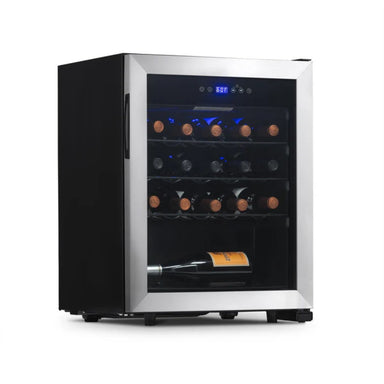 Newair 23 Bottle Freestanding Wine Fridge – 18.9" Stainless Steel - Front Left View - Loaded Shelves - Closed Door
