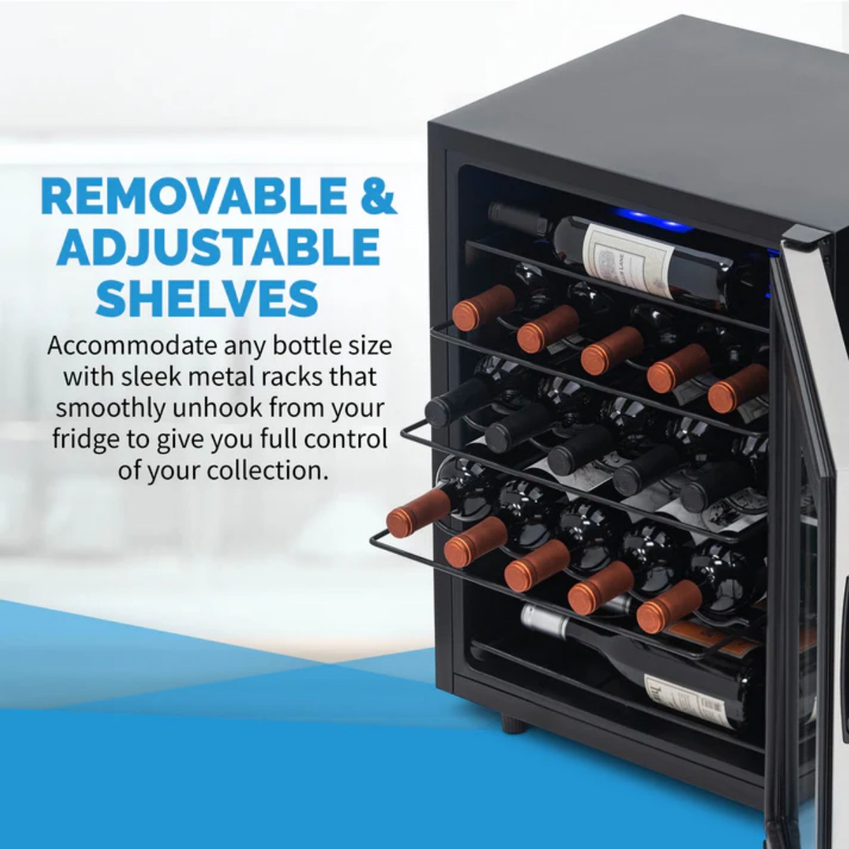 Newair 23 Bottle Freestanding Wine Fridge – 18.9" Stainless Steel - Removable and Adjustable Shelves Shown