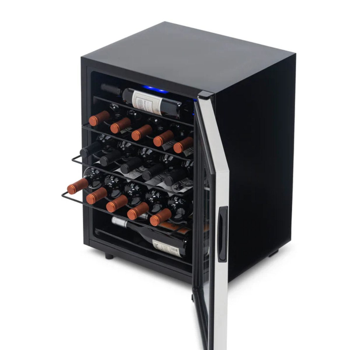 Newair 23 Bottle Freestanding Wine Fridge – 18.9" Stainless Steel - Top View - Loaded Shelves - Open Door