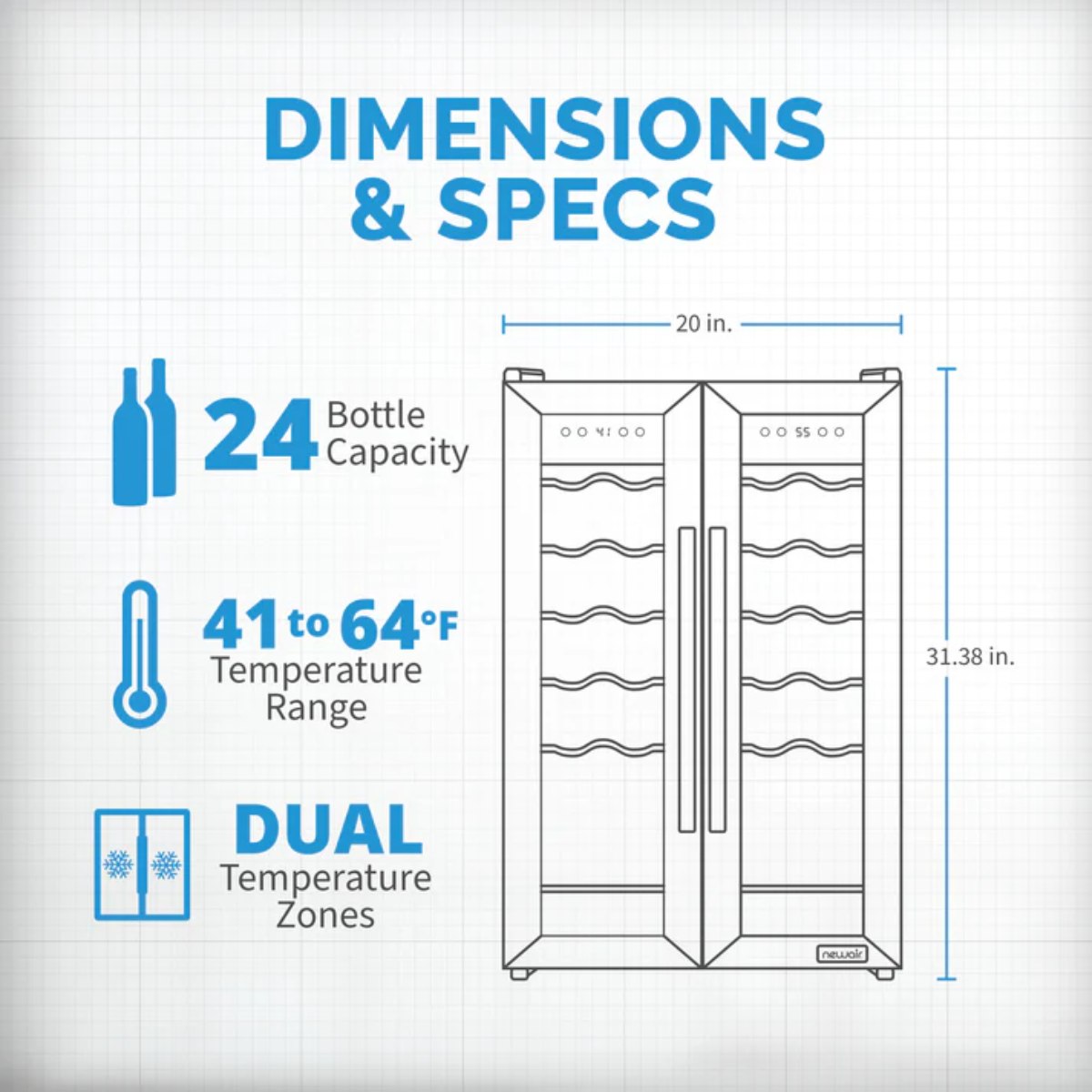 Newair 24-Bottle Dual Zone Wine Fridge – 20" Steel French Door - Dimensions and Specifications Shown