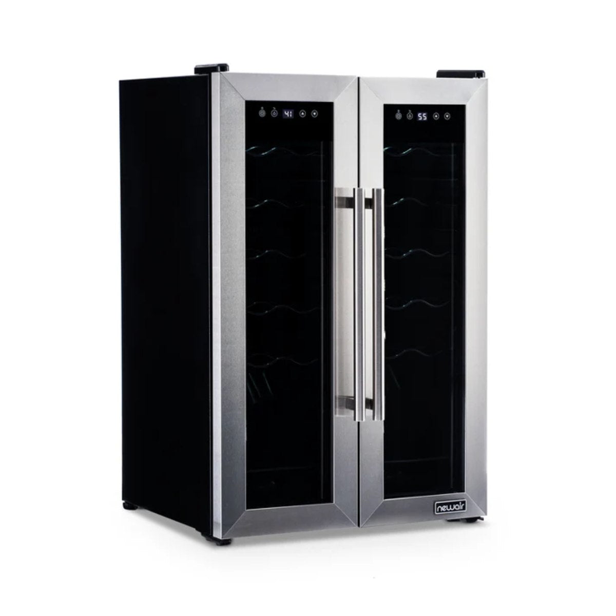 Newair 24-Bottle Dual Zone Wine Fridge – 20" Steel French Door - Front Left View - Empty Fridge - Closed Doors