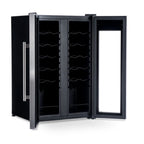 Newair 24-Bottle Dual Zone Wine Fridge – 20" Steel French Door - Front Left View - Empty Fridge - Open Doors