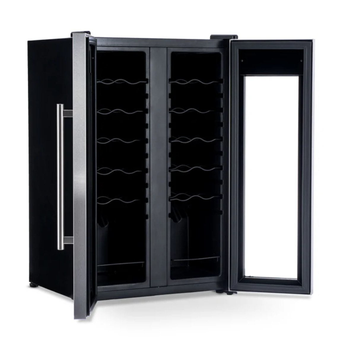 Newair 24-Bottle Dual Zone Wine Fridge – 20" Steel French Door - Front Left View - Empty Fridge - Open Doors