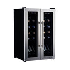 Newair 24-Bottle Dual Zone Wine Fridge – 20" Steel French Door - Front Left View - Loaded Fridge - Closed Doors