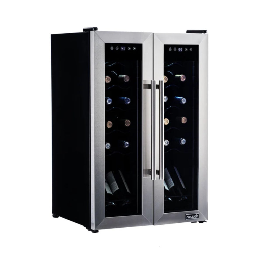 Newair 24-Bottle Dual Zone Wine Fridge – 20" Steel French Door - Front Left View - Loaded Fridge - Closed Doors