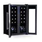Newair 24-Bottle Dual Zone Wine Fridge – 20" Steel French Door - Front Left View - Loaded Fridge - Open Doors