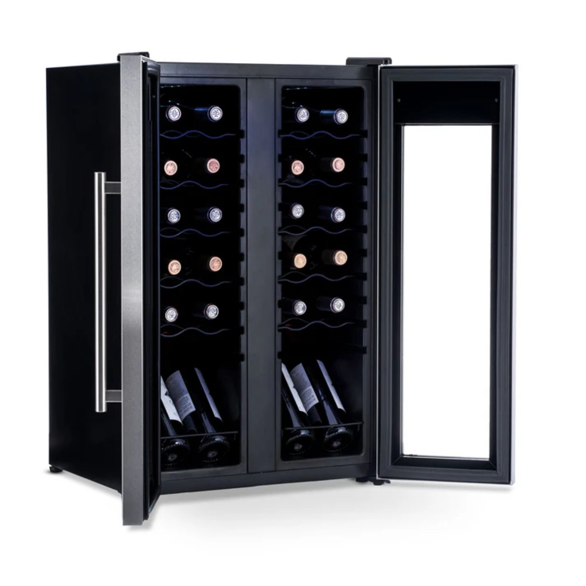 Newair 24-Bottle Dual Zone Wine Fridge – 20" Steel French Door - Front Left View - Loaded Fridge - Open Doors