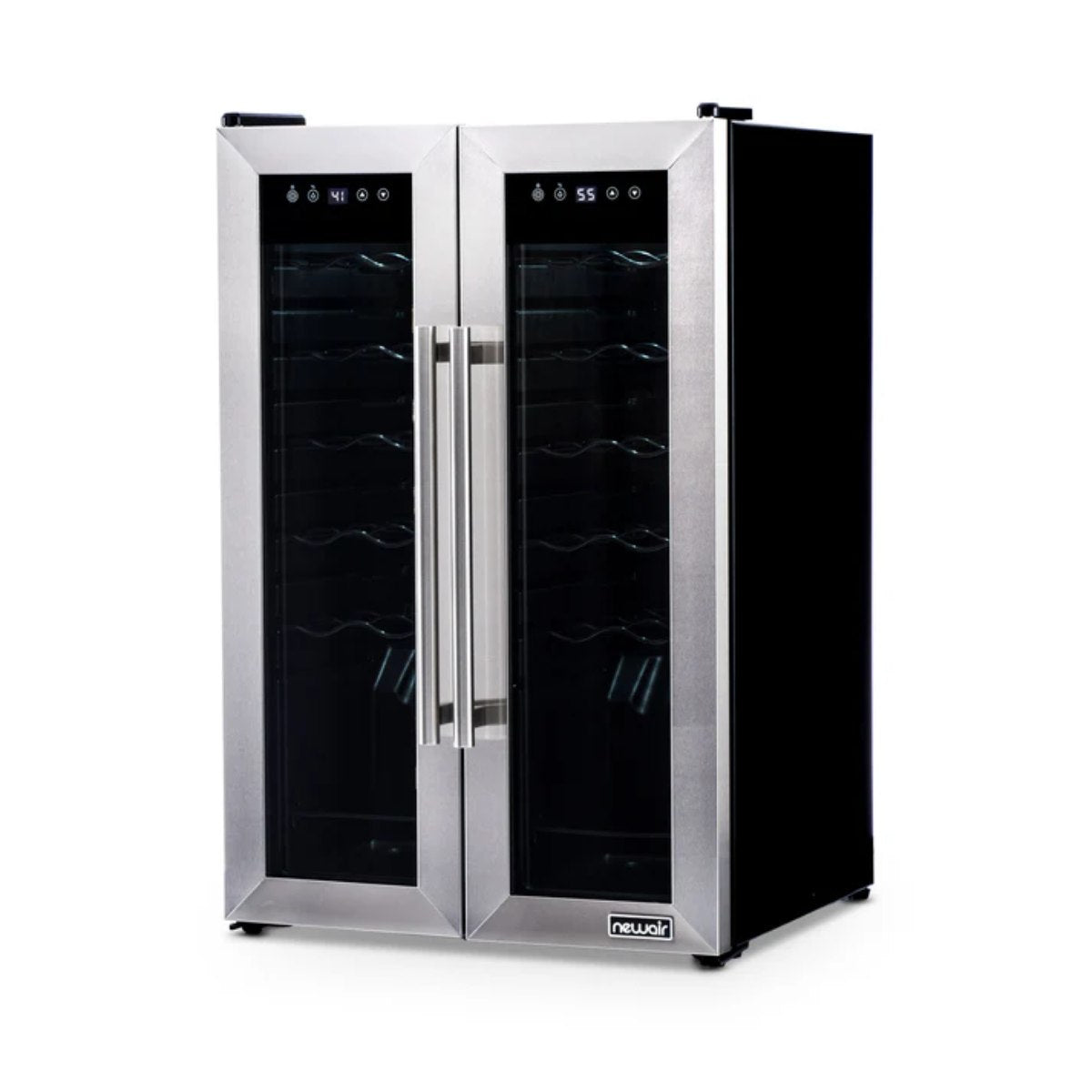 Newair 24-Bottle Dual Zone Wine Fridge – 20" Steel French Door - Front Right View - Empty Fridge - Closed Doors