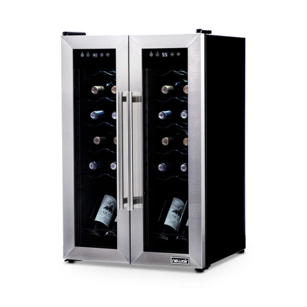 Newair 24-Bottle Dual Zone Wine Fridge – 20" Steel French Door - Front Right View - Loaded Fridge - Closed Doors
