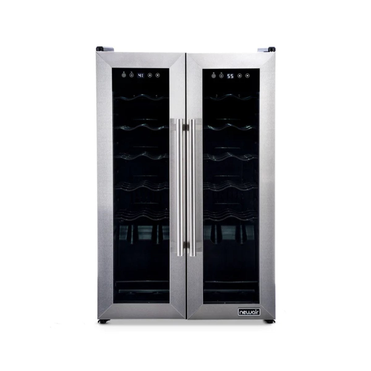 Newair 24-Bottle Dual Zone Wine Fridge – 20" Steel French Door - Front View - Empty Fridge - Closed Doors Studio Image