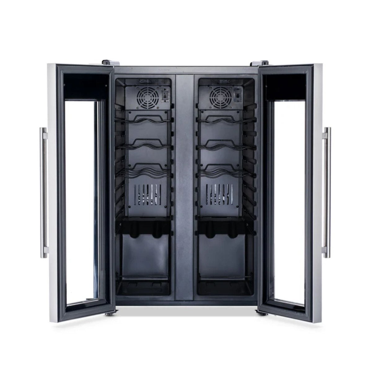 Newair 24-Bottle Dual Zone Wine Fridge – 20" Steel French Door - Front View - Empty Fridge - Open Doors