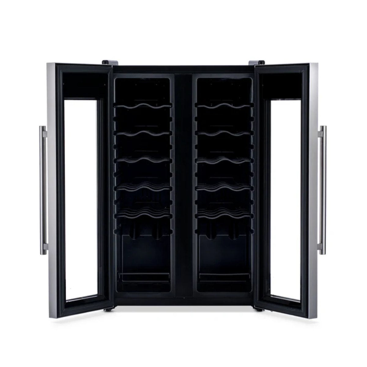 Newair 24-Bottle Dual Zone Wine Fridge – 20" Steel French Door - Front View - Empty Fridge - Open Doors Studio Image