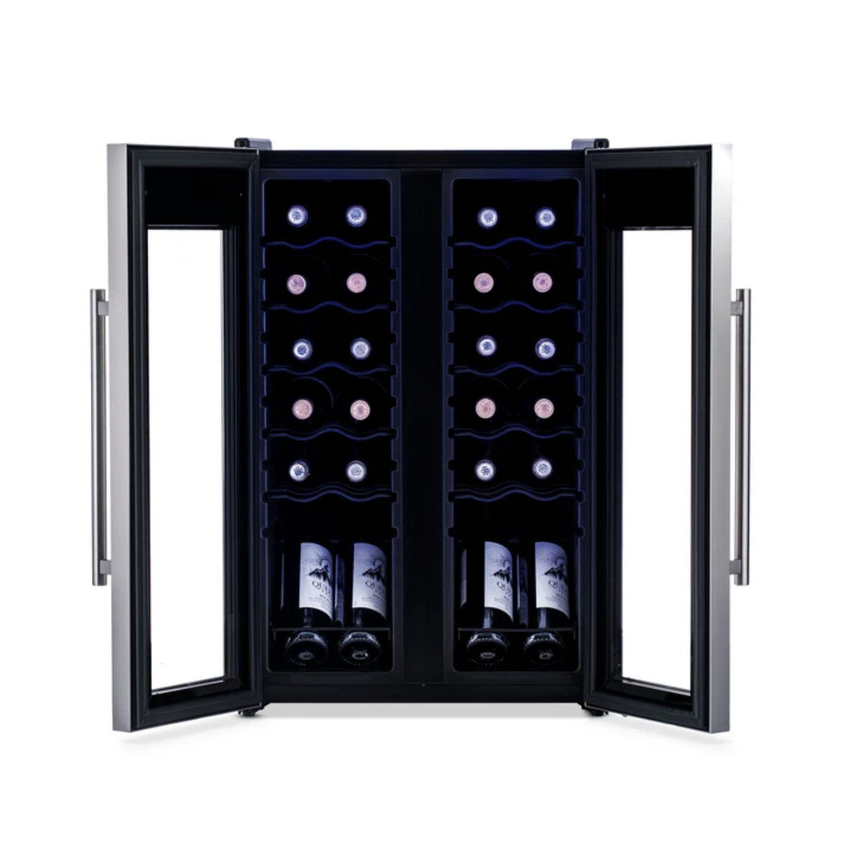 Newair 24-Bottle Dual Zone Wine Fridge – 20" Steel French Door - Front View - Loaded Fridge - Open Doors