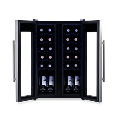 Newair 24-Bottle Dual Zone Wine Fridge – 20" Steel French Door - Front View - Loaded Fridge - Open Doors
