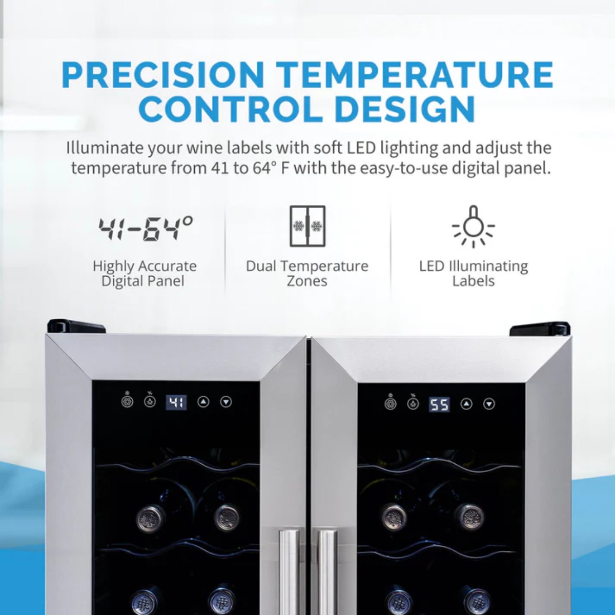 Newair 24-Bottle Dual Zone Wine Fridge – 20" Steel French Door - Precision Temperature Control Design