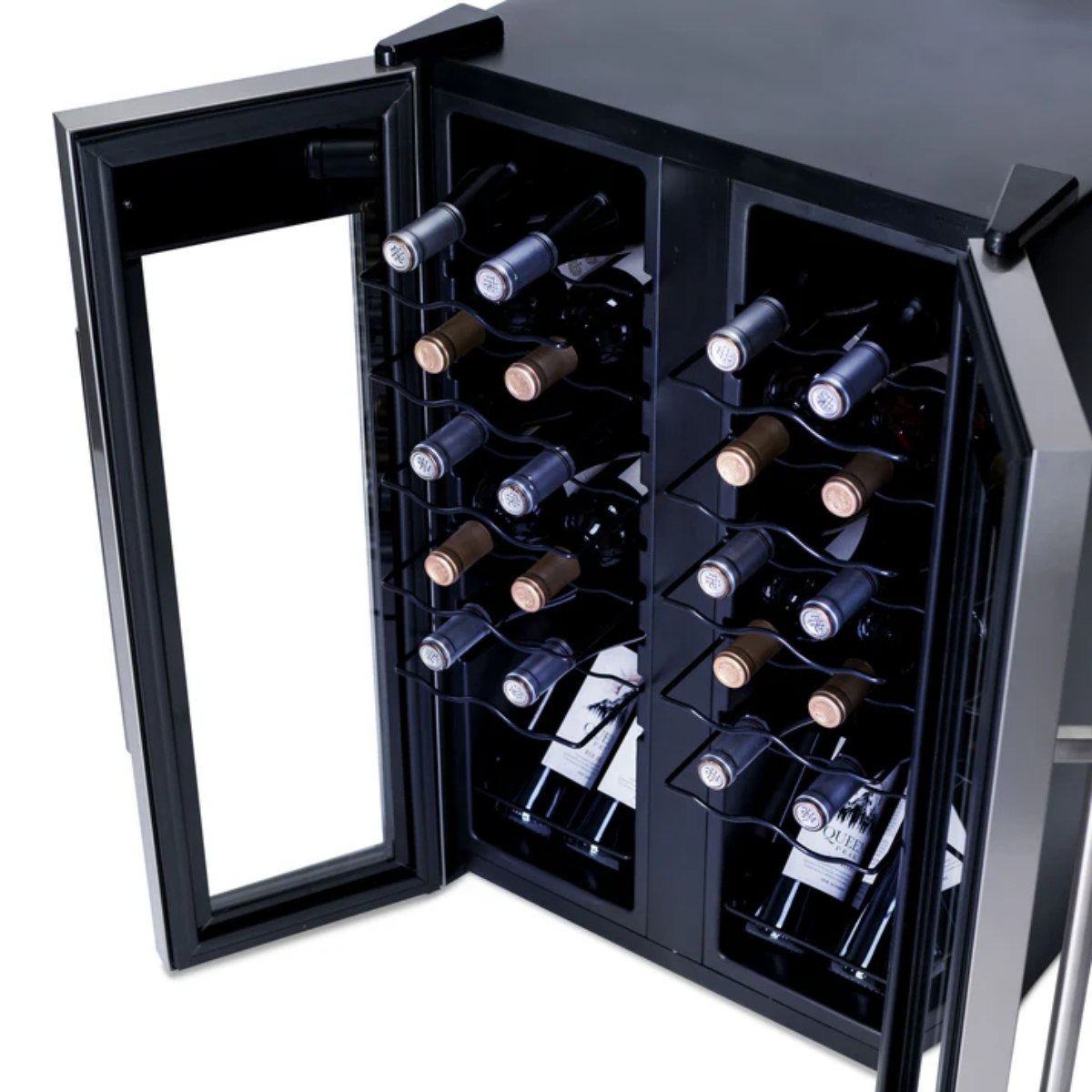 Newair 24-Bottle Dual Zone Wine Fridge – 20" Steel French Door - Top View of the Fridge - Loaded Fridge - Open Doors