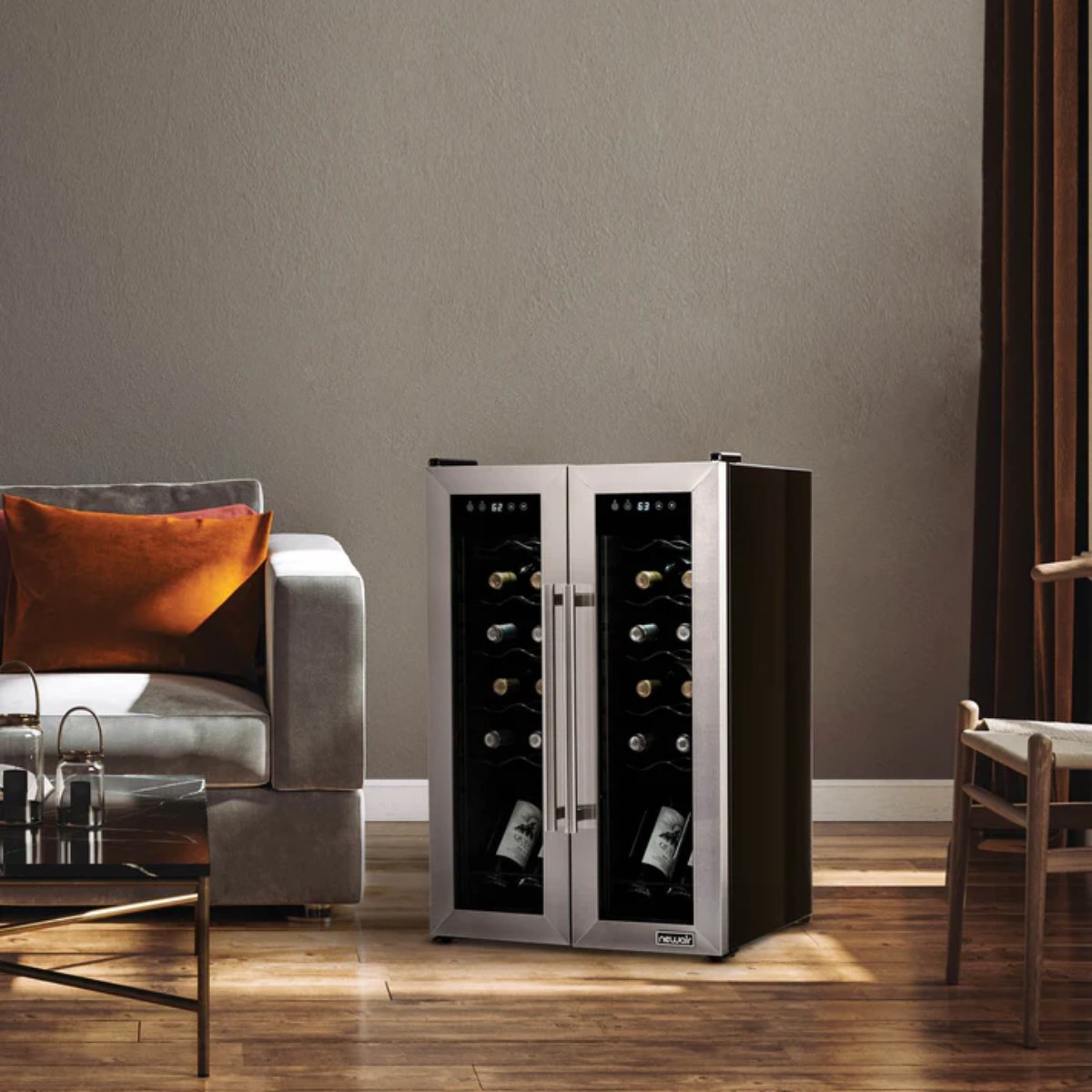 Newair 24-Bottle Dual Zone Wine Fridge – 20" Steel French Door - Wine Fridge shown in the Living Room Beside the Couch