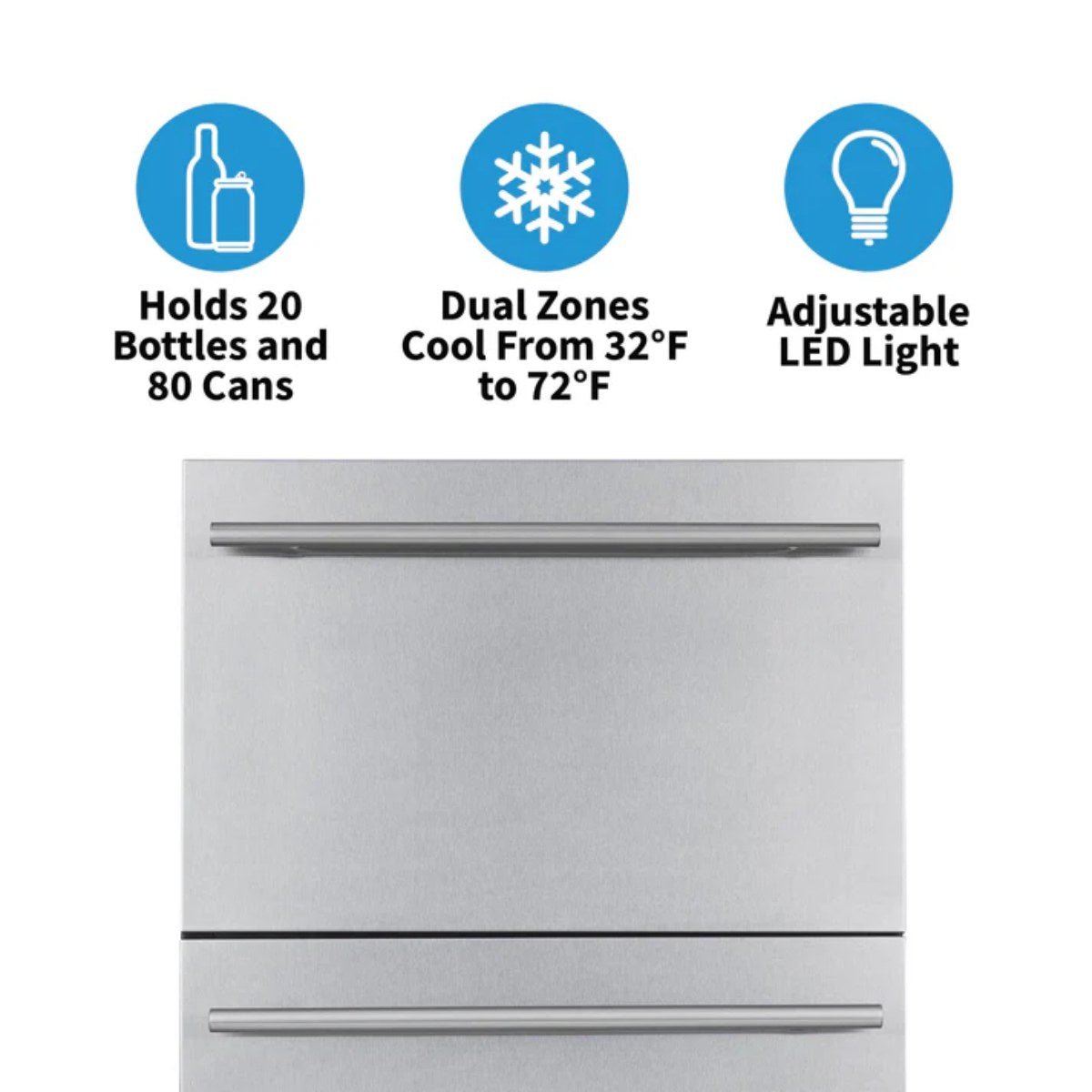 Newair 24″ 80-Can / 20-Bottle Dual Drawer Beverage Fridge - features of the cabinet fridge shown