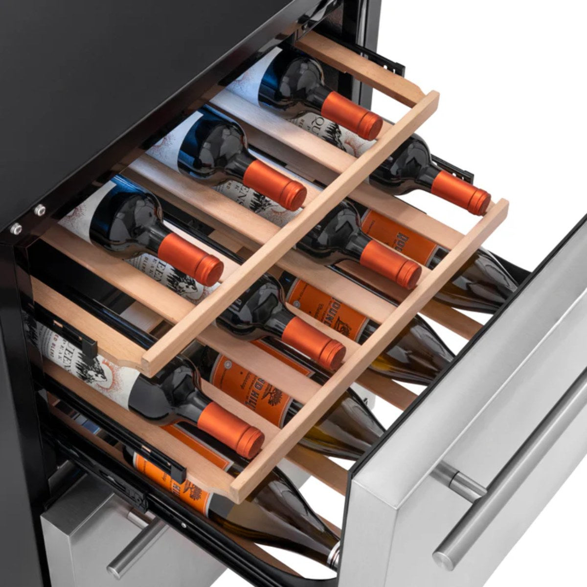 Newair 24″ 80-Can / 20-Bottle Dual Drawer Beverage Fridge - top view of the top drawer loaded with wine bottles