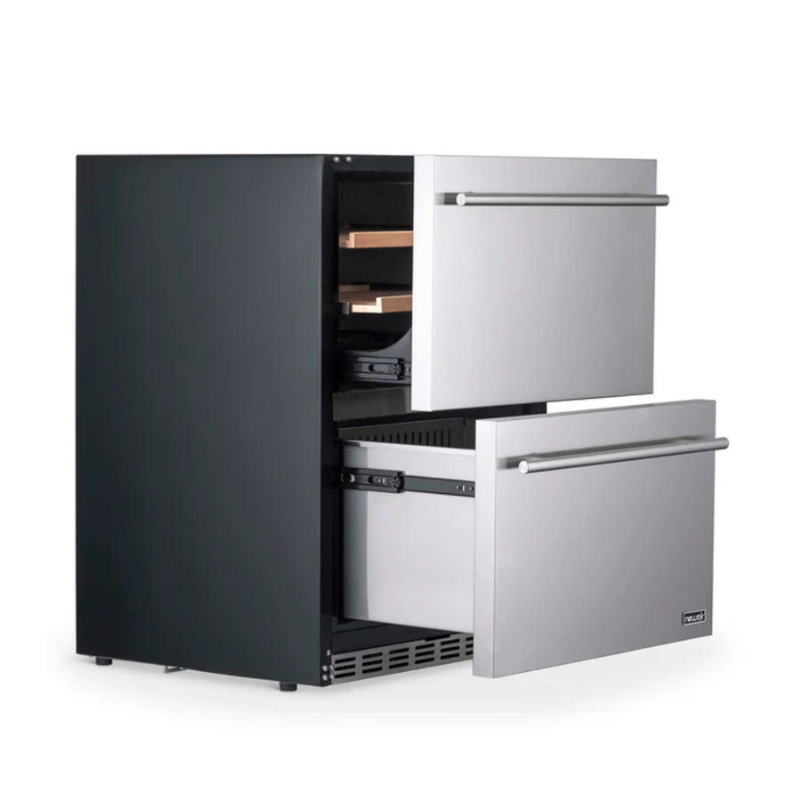 Newair 24″ 80-Can / 20-Bottle Dual Drawer Wine & Beverage Fridge - Front Left View Open Cabinet
