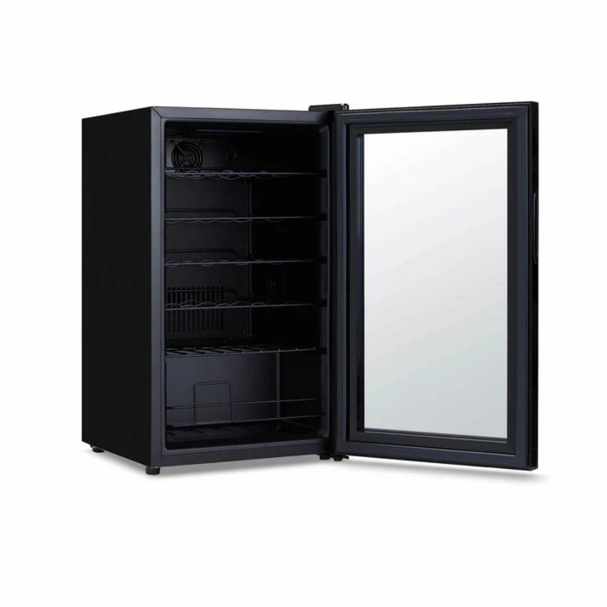 Newair 24 Bottle Shadow Series Wine Fridge – 16.9" Black - Front Left View Studio Image - Empty - Opened