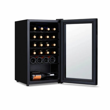 Newair 24 Bottle Shadow Series Wine Fridge – 16.9" Black - Front Left View Studio Image - Loaded - Opened