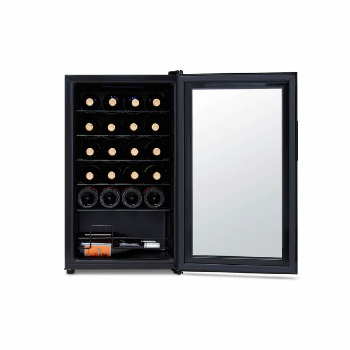 Newair 24 Bottle Shadow Series Wine Fridge – 16.9" Black - Front View Studio Image - Loaded - Opened