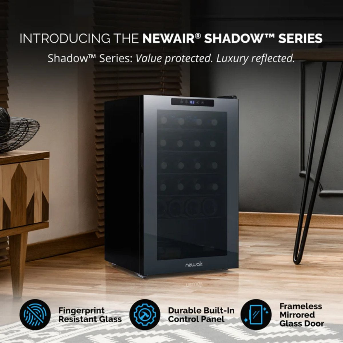 Newair 24 Bottle Shadow Series Wine Fridge – 16.9" Black - Shadow Series - Value Protected - Luxury Reflected