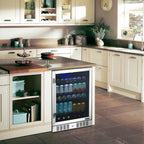 Newair 24” Built-in 177 Can Beverage Fridge in Stainless Steel - Built-in beverage cooler with glass door in a modern kitchen