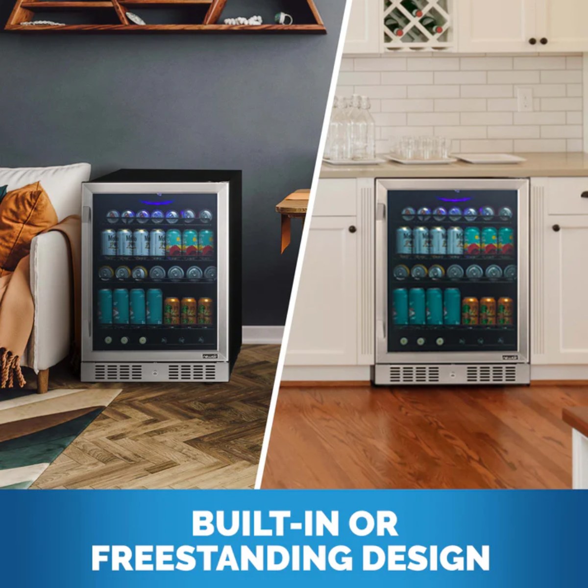 Newair 24” Built-in 177 Can Beverage Fridge in Stainless Steel - Built-in or Freestanding design shown