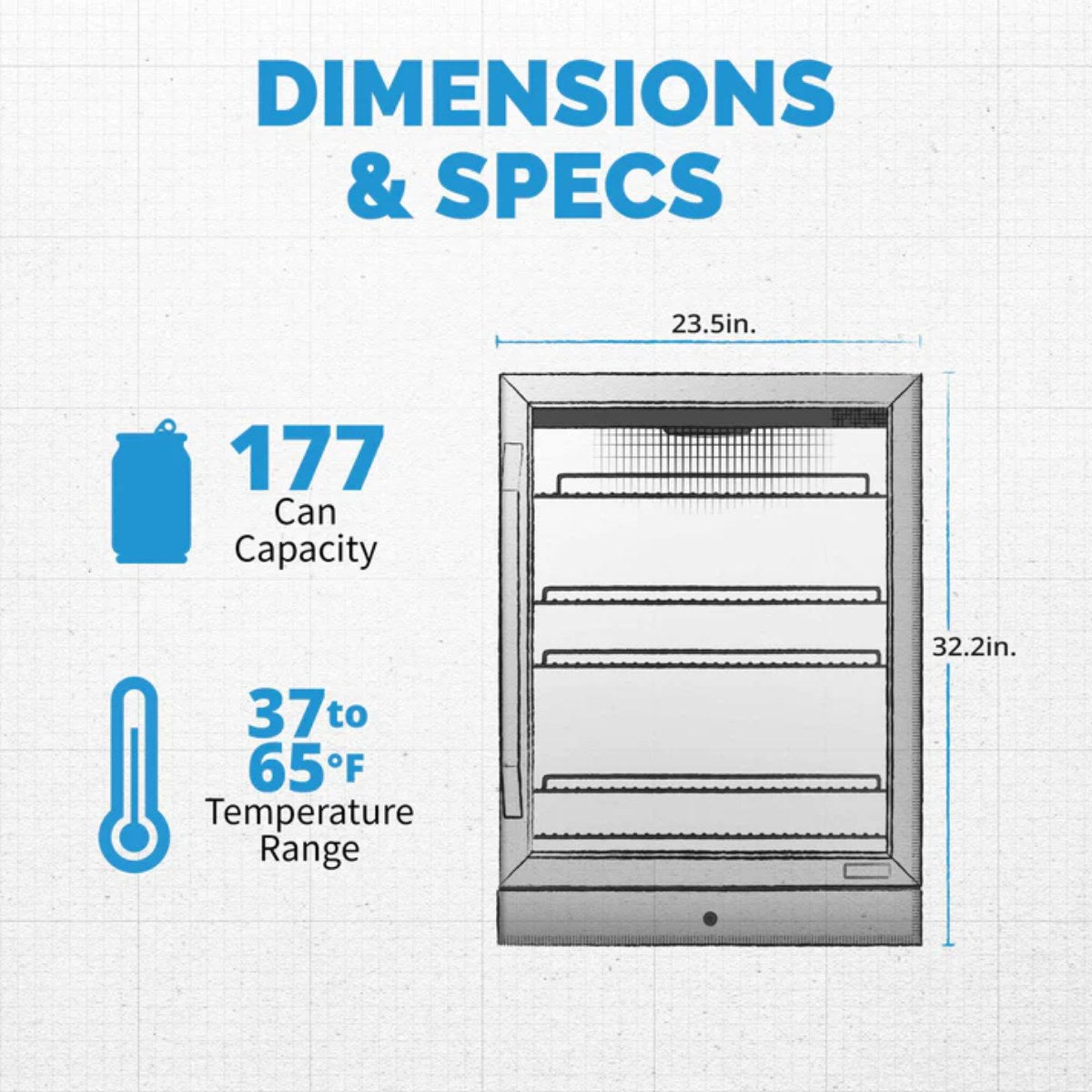 Newair 24” Built-in 177 Can Beverage Fridge in Stainless Steel - Dimensions and Specifications shown