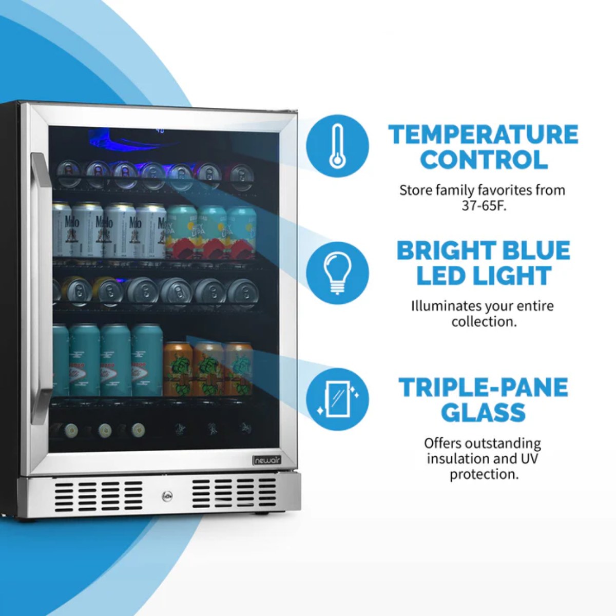 Newair 24” Built-in 177 Can Beverage Fridge in Stainless Steel - Features of the fridge shown