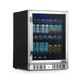 Newair 24” Built-in 177 Can Beverage Fridge in Stainless Steel - Front left view loaded fridge closed door