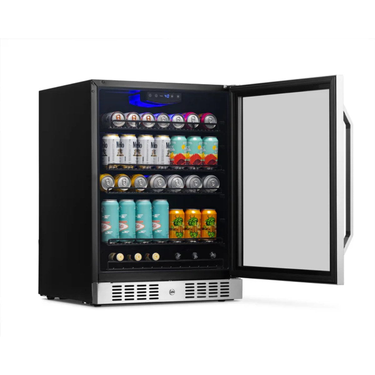 Newair 24” Built-in 177 Can Beverage Fridge in Stainless Steel - Front left view loaded fridge open door