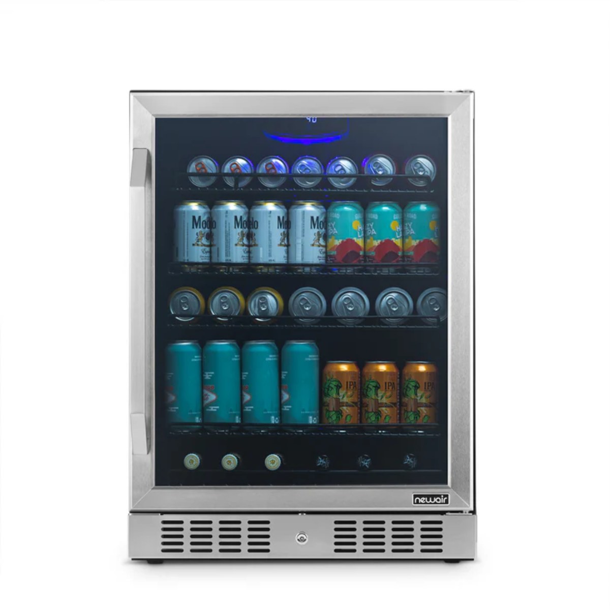 Newair 24” Built-in 177 Can Beverage Fridge in Stainless Steel - Front view loaded fridge closed door