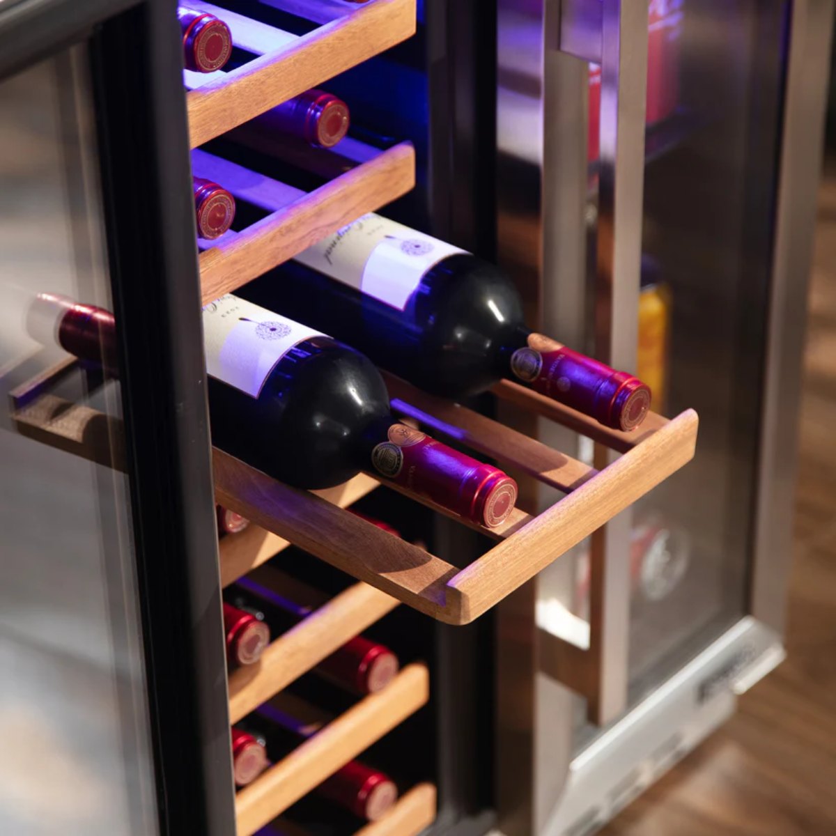 Newair 24" Dual-Zone Wine & Beverage Cooler – Stainless Steel - Close up view of the Wine Rack