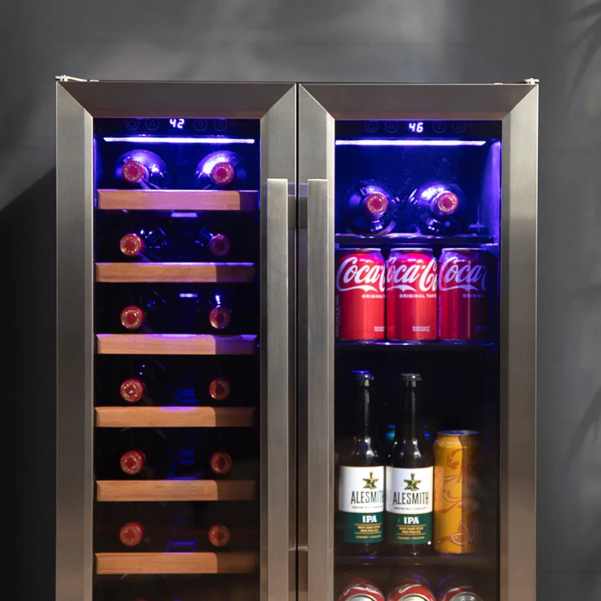 Newair 24" Dual-Zone Wine & Beverage Cooler – Stainless Steel - Close up view of the fridge closed
